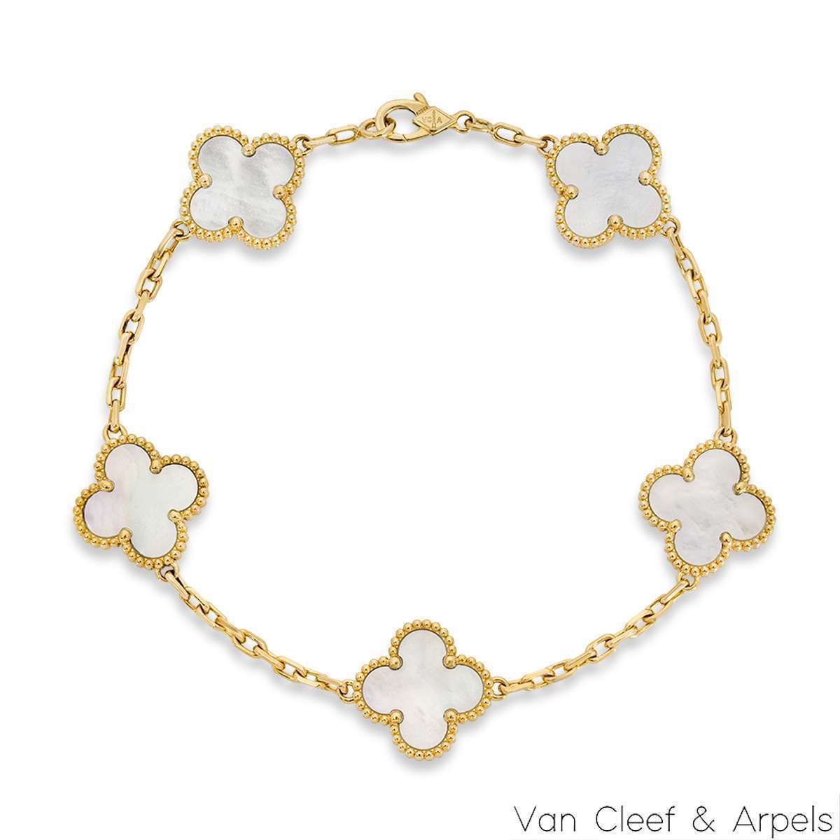 Van Cleef & Arpels Yellow Gold Mother of Pearl Vintage Alhambra 5 Motif Bracelet VCARA41800